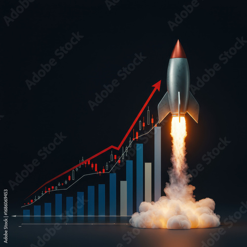 Financial chart and rocket taking off show an excited growing business. This illustration represents progress, success and an upward trend with future potential