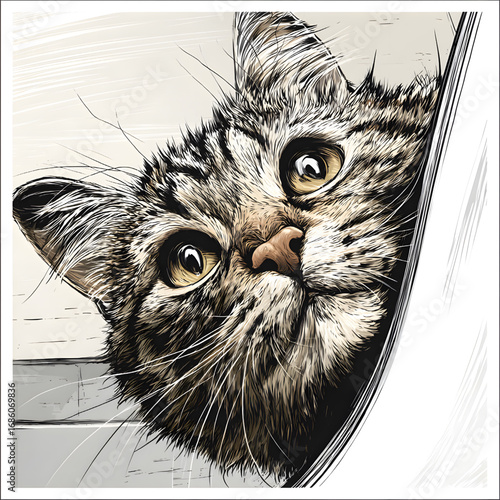 Artistic sketch of a curious tabby cat peeking around a corner.