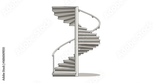 Architectural depiction of a modern spiral staircase in subtle grayscale tones against clean white backdrop provides depth and elegant simplicity