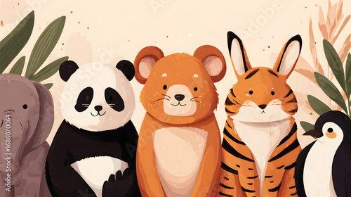A charming group of cute cartoon animal friends together.