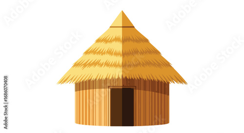 A simple thatched hut illustration showcases traditional rural architecture and sustainable building techniques for equatorial regions requiring an