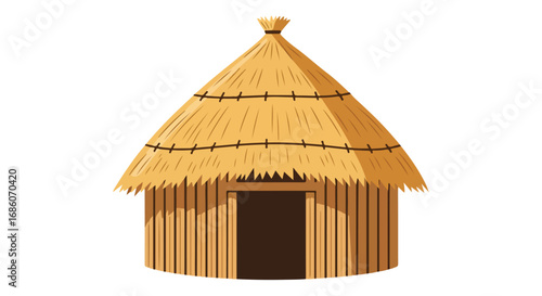 Charming thatched roof hut, invoking a feeling of rustic simplicity and cultural heritage, showcasing detailed craftsmanship and distinctive