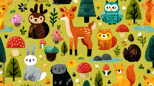 Cute Woodland Animals in a Colorful Forest Pattern.