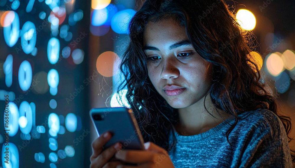 © Modern Lifestyle - Teen girl focused on her phone at night highlighting mental health and suicide prevention awareness © Modern Lifestyle - Teen girl focused on her phone at night highlighting mental health and suicide prevention awareness