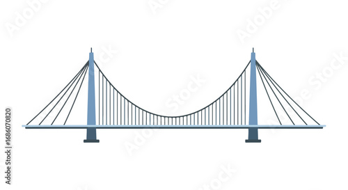 Stylized cable-stayed bridge with pale blue supports and dark cables, offering minimalist graphic representation of engineering marvels on a pure