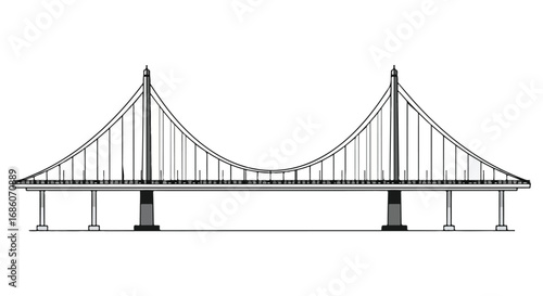 Symmetrical cable-stayed bridge illustration with clean lines and monochrome presentation in simple vector style