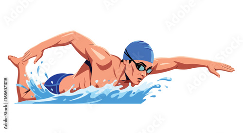 Dynamic depiction of a swimmer gliding through water with streamlined posture and determined facial expression conveying strength and agility