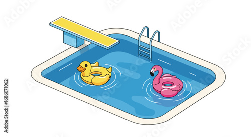 Whimsical pool scene with cartoon style inflatable flamingo and duck floaties basking under summer skies joyfully relaxing