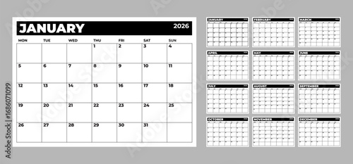 Black and white 2026 calendar template in English with a clean and minimalist style, calendar for corporate or personal planning, ideal for scheduling and time management