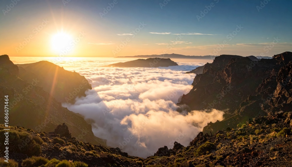 Obraz premium Stunning Sunrise Over Cloud-Covered Valley in Mountain Landscape