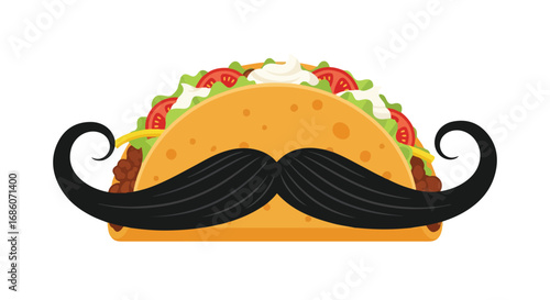 Humorous Taco Character with Moustache Illustration of a taco with a large moustache, creating a playful visual for food and cultural designs