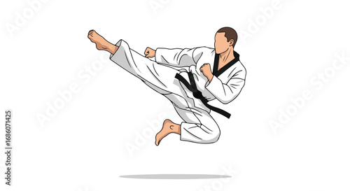 Dynamic Taekwondo Athlete Executing a Flying Side Kick with Precision and Power, Illustrating Martial Arts Mastery and Strength