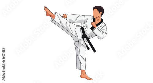 Dynamic Martial Arts Illustration: A Focused Taekwondo Practitioner in Precise Kick Position isolated white background