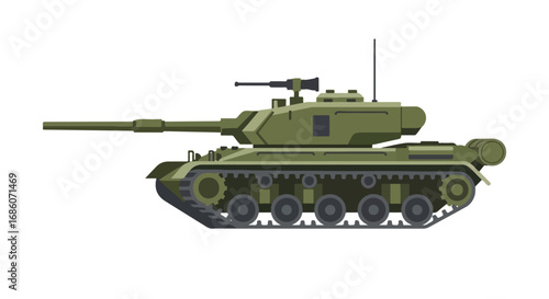 Illustrative representation of a military tank showcasing modern warfare technology and vehicle design in great detail, a side view that highlights