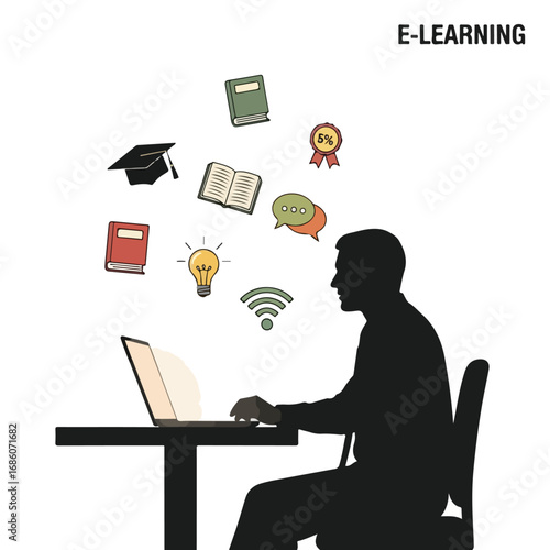 Elearning concept with a man on a laptop and education icons.