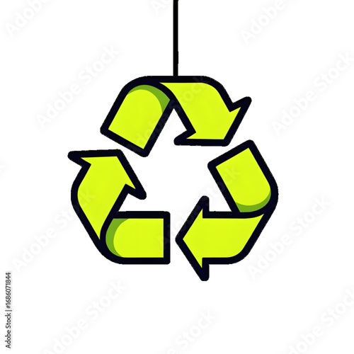Green recycling icon on bright background, sustainability concept