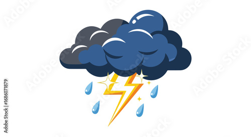 Stylized thunderstorm depiction features dark clouds, rain droplets, and a zigzag lightning bolt over a clean white background illustration
