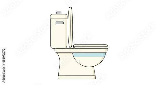 Illustration of a standard toilet fixture with seat partially raised offering clean sanitation imagery with efficient water usage and plumbing