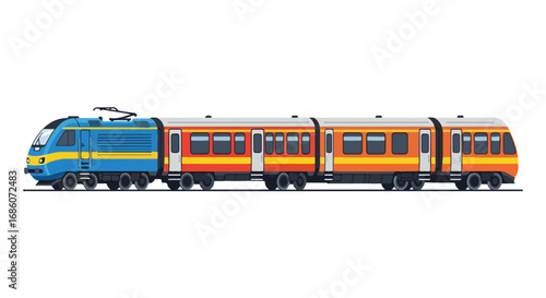 Vibrant commuter train illustration: A journey depicted in a simple yet eye-catching visual style with multi carriages connected together