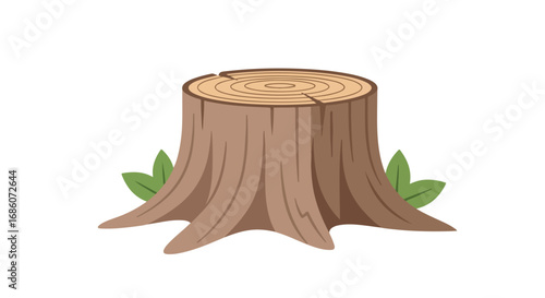 Illustrative tree stump with visible growth rings and verdant leaves adorning its base in a minimalist style