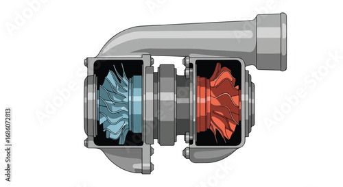Internal Combustion Engine Turbocharger Representation with Cold and Hot Turbines: Automotive Technology Visual Depiction