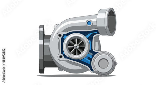 Detailed silver and blue automotive turbocharger with intricate internal design illustration isolated on a white background showing industrial