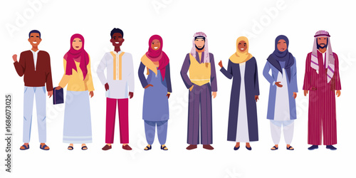 Diverse group of arab men and women in traditional islamic clothing standing together