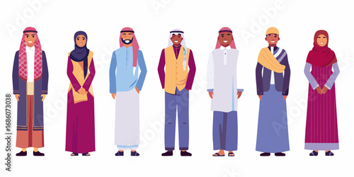 Diverse group of people dressed in traditional middle eastern clothing standing together