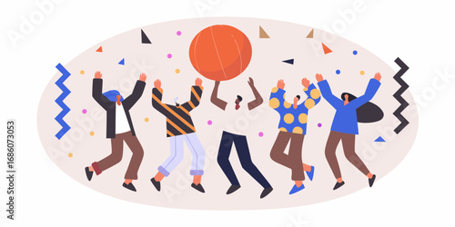 Diverse group of people celebrating and dancing joyfully with a large orange ball and confetti