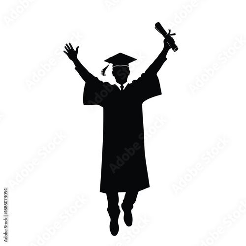 Silhouette of a happy graduate jumping for joy with a diploma.
