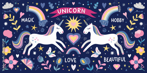 Whimsical illustration of two white unicorns with rainbow manes and tails surrounded by magical elements and positive words