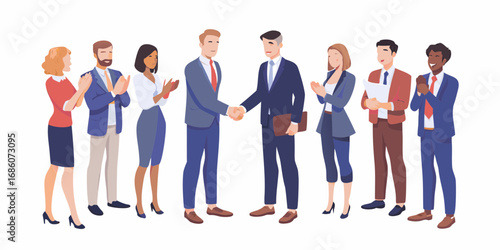 Diverse business professionals in suits and professional attire shaking hands and clapping in agreement