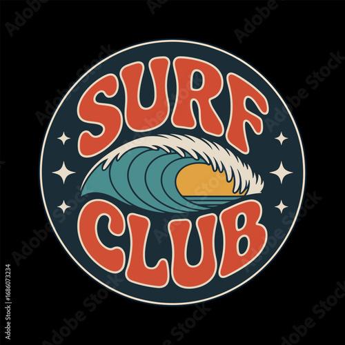 Retro circular surf club logo with bold vintage typography, stylized ocean wave and sunset illustration in emblem design for beach lifestyle