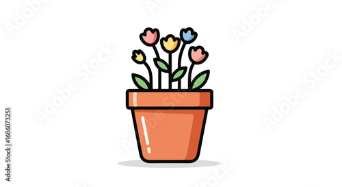 Cheerful botanical composition in a terra cotta pot, a whimsical floral arrangement bringing joy and evoking the essence of spring with cute flowers