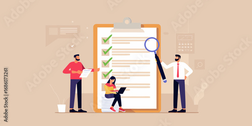 Team working together to complete a checklist on a large clipboard with a magnifying glass and laptop