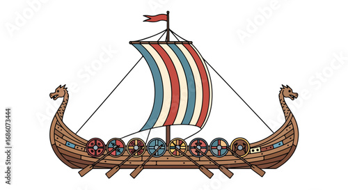 Whimsical Illustration of a Viking Longship with Striped Sail and Dragon Head Figures, Isolated Against a White Background