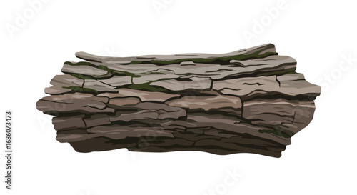 Detailed Vector Illustration of a Weathered Piece of Tree Bark with Moss Accents, Emphasizing Texture and Natural Detail in a Stylized Manner
