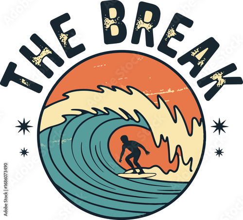 Retro surfing logo design featuring silhouette surfer riding big ocean wave under sunset sky, vintage surf emblem with text “The Break”