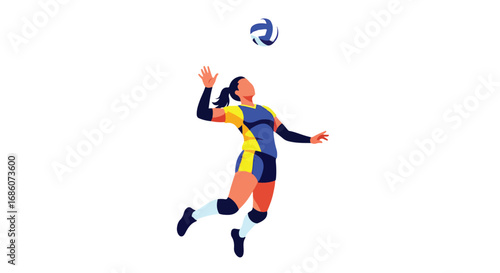 Volleyball player with athletic skills spiking on court during game and competition and training in isolated studio for promoting female athletes