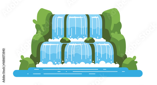 Cartoon waterfall cascade with lush vegetation, clear water, and a serene natural setting designed with simplicity and vibrancy in mind ideal for