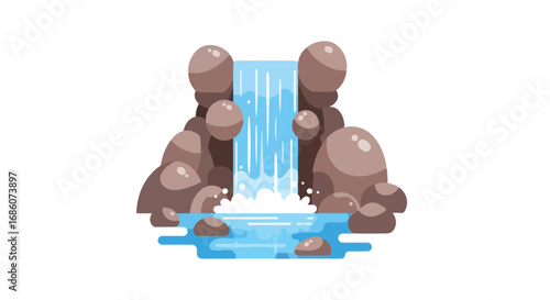 Stylized waterfall amidst rocky formations, evoking serene natural beauty and simplified aesthetic, suitable for illustrative use