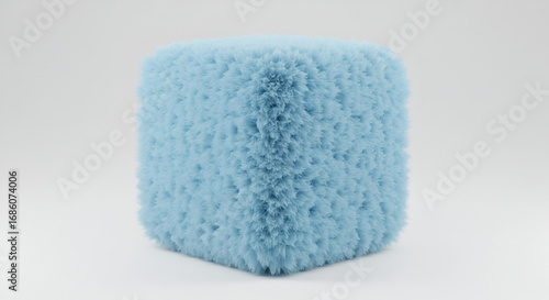 Abstract furry light blue cube floating on a white background studio shot
