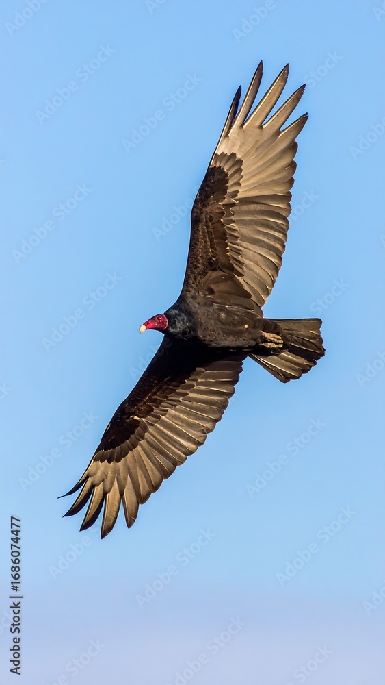 Obraz premium Dark bird of prey in flight against a pale blue sky