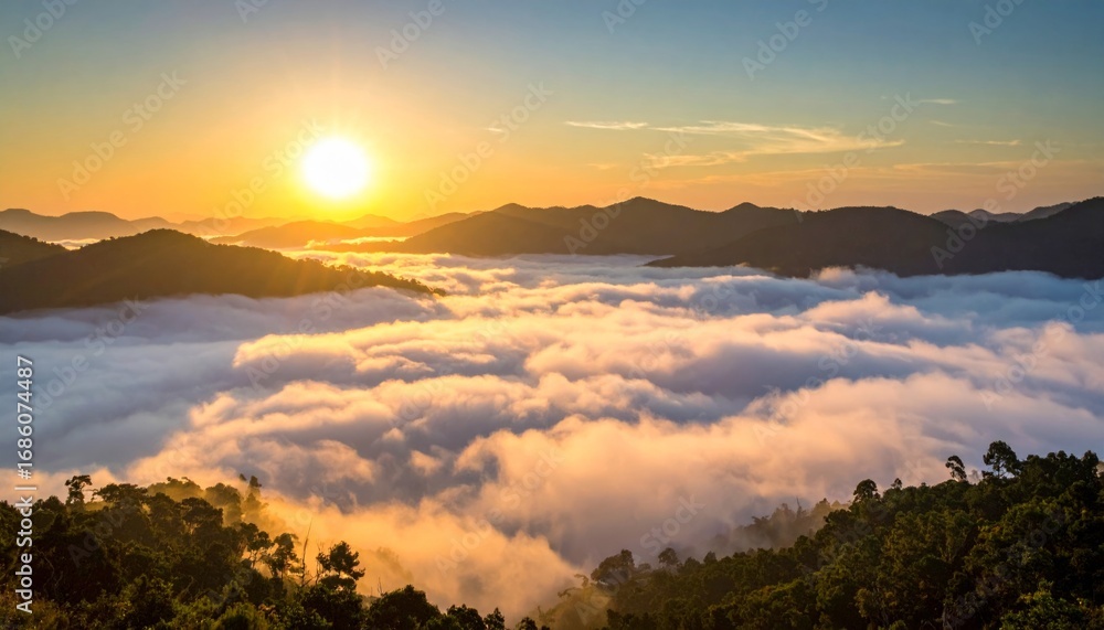 Naklejka premium Stunning Sunrise Over Misty Mountains and Clouds in Nature Scene