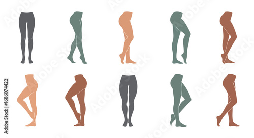 Varied depictions of lower bodies showcasing diverse skin tones and stylish leggings variations isolated on white backdrop