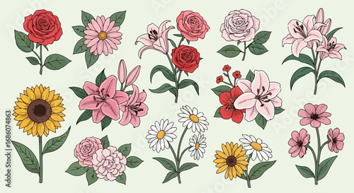 Delicate Floral Assortment Featuring Roses, Lilies, Daisies, and Sunflowers with Green Foliage Accompanying Each Blossom