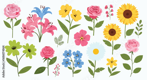 Diverse flower collection showcasing roses, lilies, sunflowers, and other floral varieties in an assorted botanical arrangement