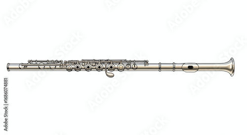 Detailed illustration of a silver flute showcasing intricate key mechanisms and smooth contours conveying a sense of musical refinement and delicate