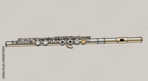 Detailed illustration of a transverse flute capturing its elegant and intricate design on a plain background for artistic purposes