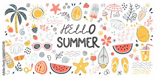 Hello summer doodle collection with tropical beach elements and refreshing drinks